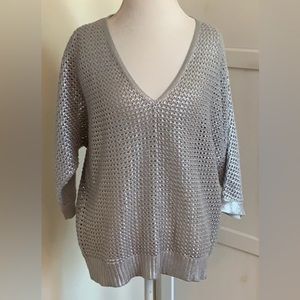 🕊️NWOT Chicos Silver Shimmering Metallic Open Knit 3/4 Sleeves Sweater Sz 2, L